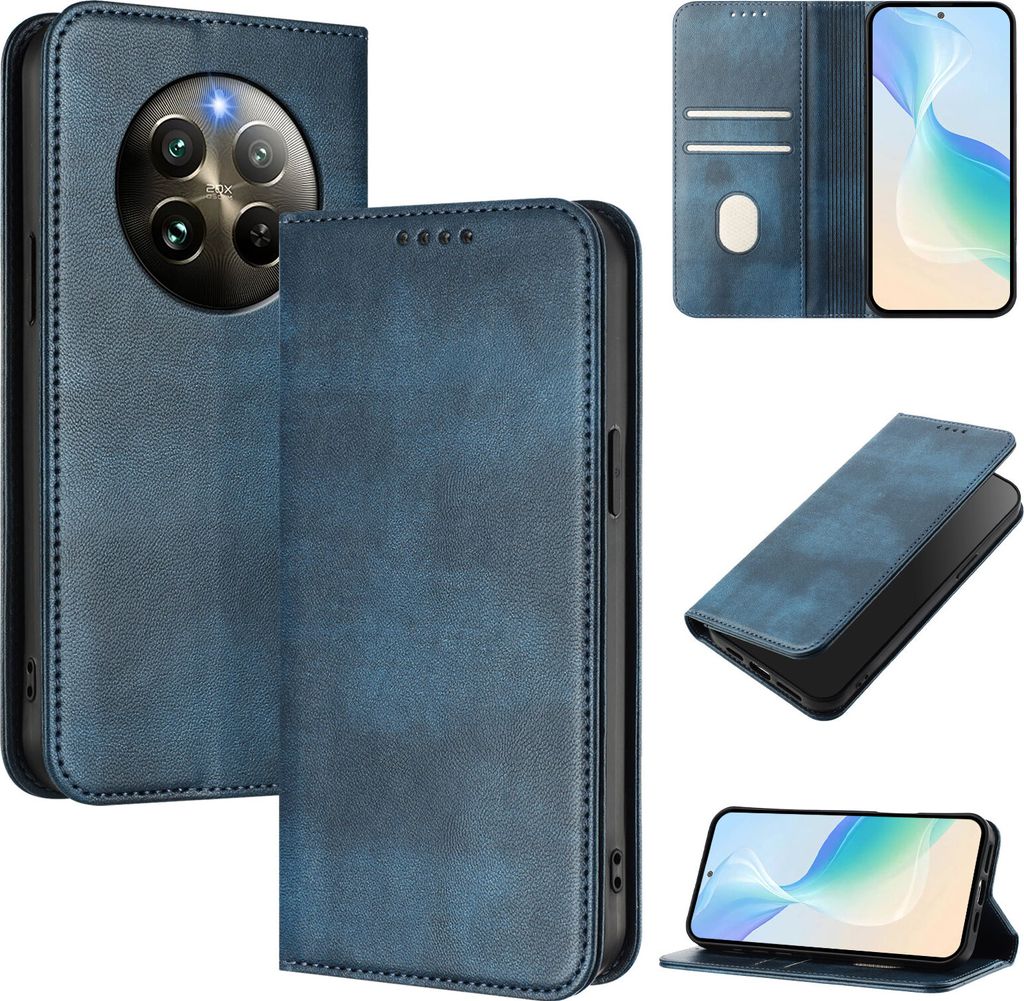 Handyhülle für Realme 13 4G/Realme 12+/Realme Narzo 70, Vintage Leder RFID Schutz Kartenfach Standfunktion Magnetische Klapphülle Blau