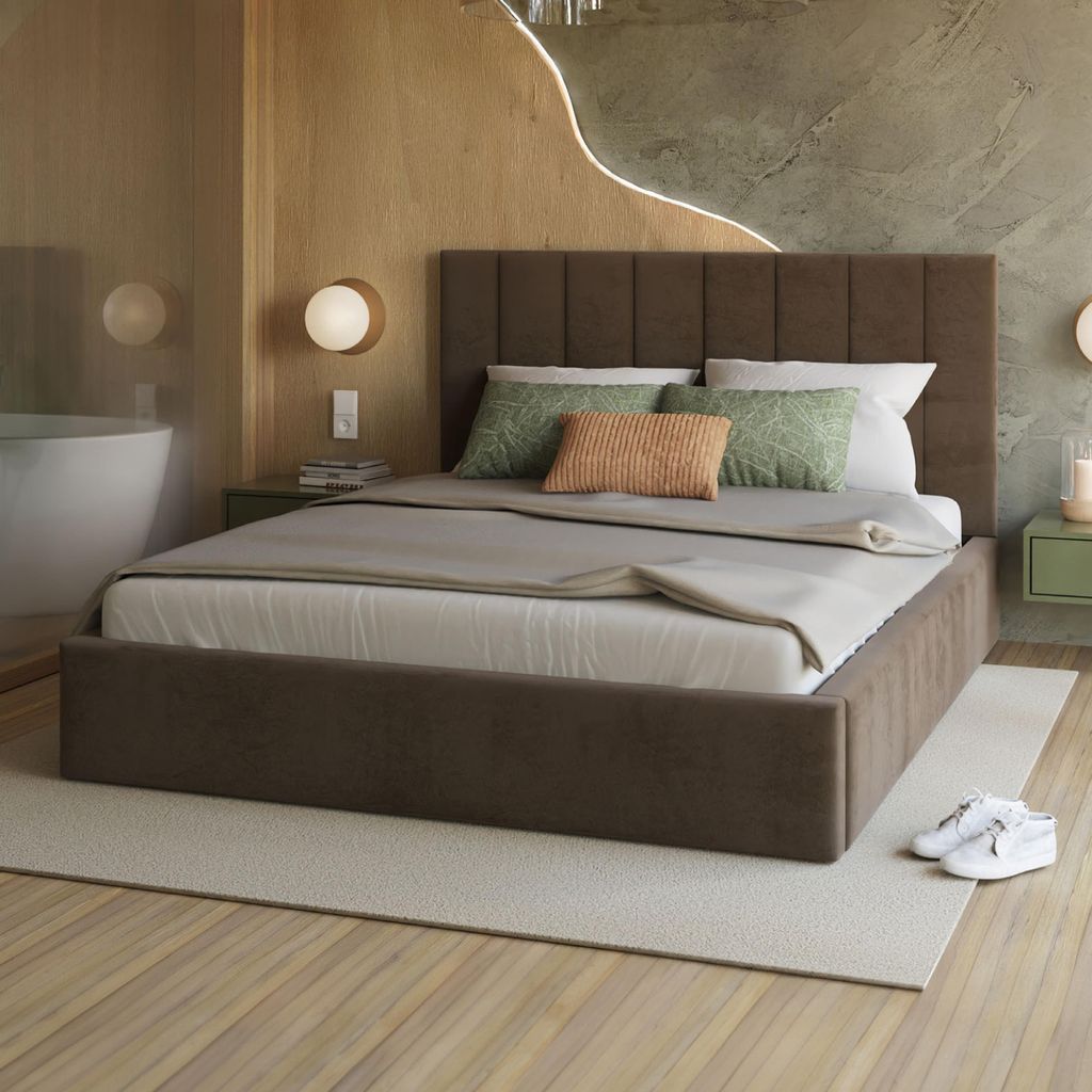 FDM Bett Kaja Trinity 90x200 cm Polsterbett mit Lattenrost aus Metall Bettkasten Stauraumbett Samt braun
