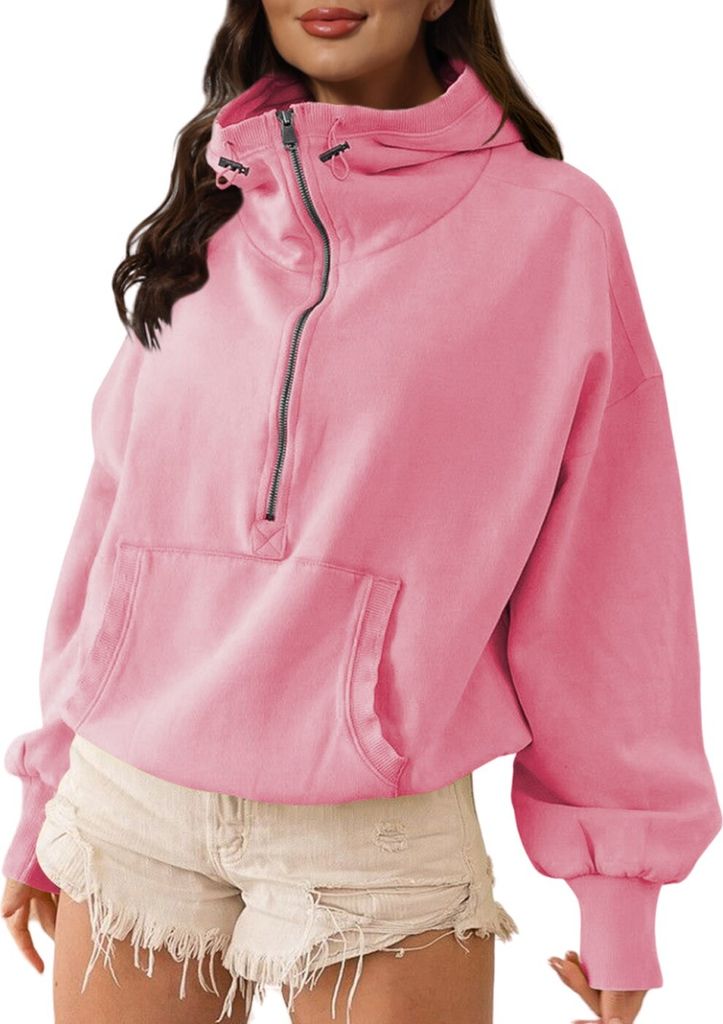 ASKSA Damen Kapuzenpullover Langarm Casual Einfarbig Hoodie Pullover Sweatshirt Oberteil mit Reissverschluss, Rosa, L