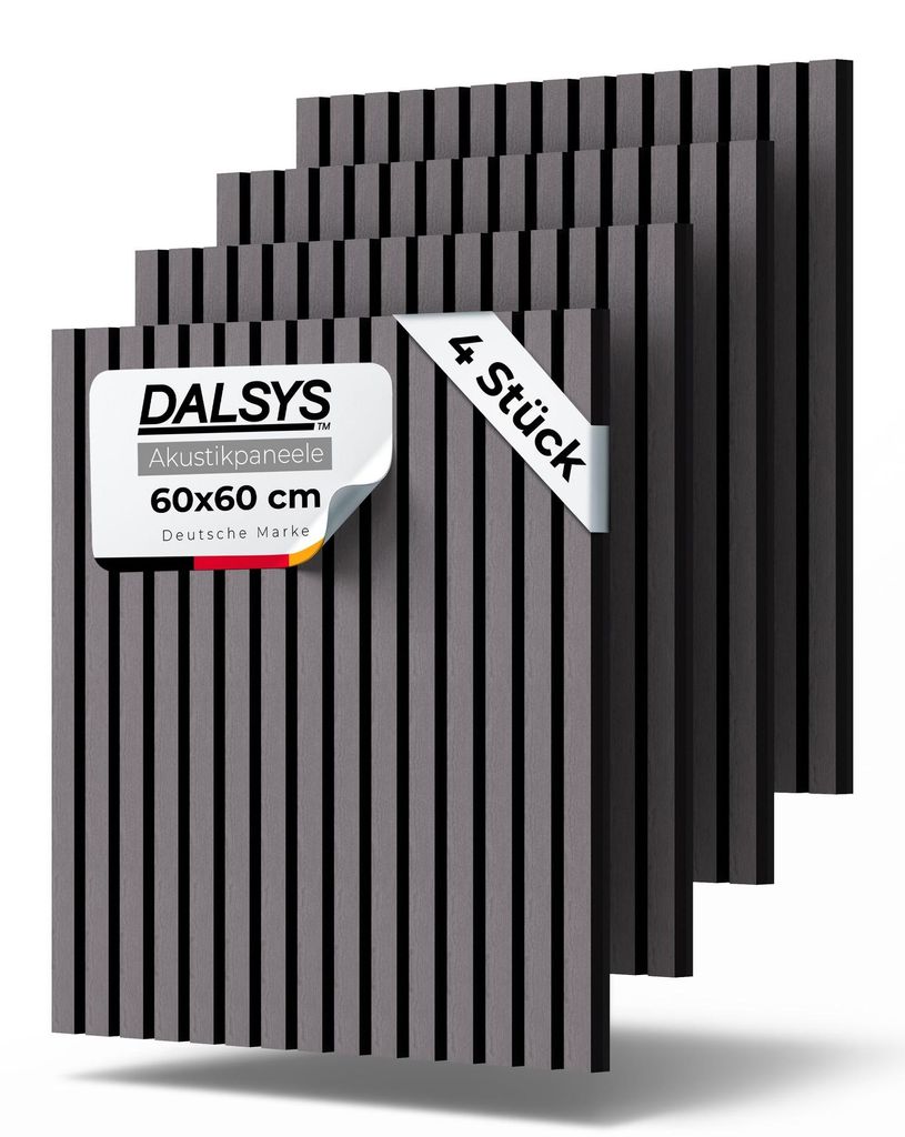 Dalsys 4x Akustikpaneele Holz 60x60cm mit Lamellen Grau - Wandpaneele Holz für Schallschutz in Büro- & Wohnräumen - Akustik Paneele Wand - 3D Wa...