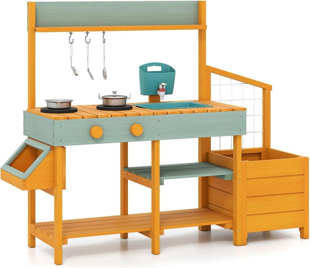 Matschküche für Kinder im Freien mit Spüle und Pflanzkasten