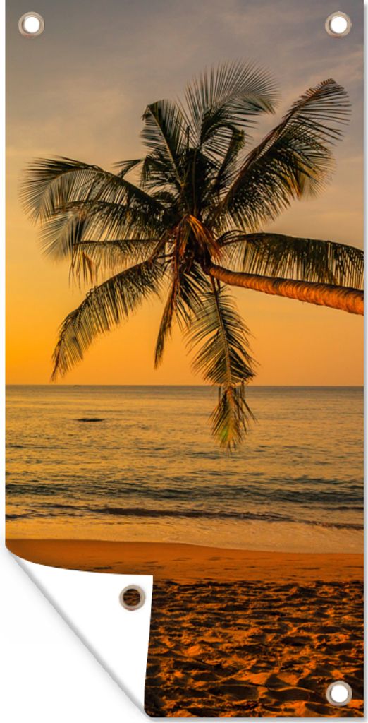 MuchoWow 40x80 cm Outdoor-Poster Gartendeko Sichtschutz Garten Poster für den Garten Palme - Strand - Sonnenuntergang - Meer