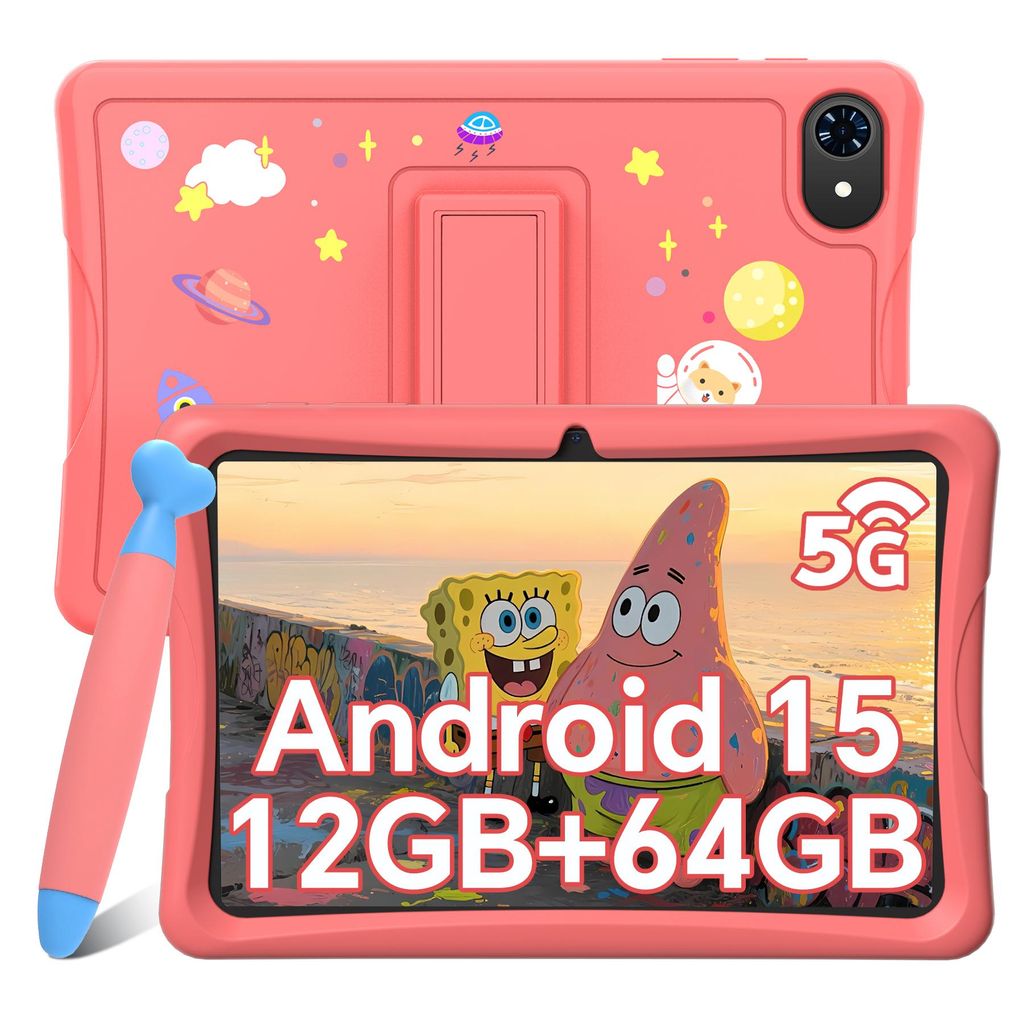 Tabwee K10 Kids 10.1" Rosa Tablet, Google Kids Space, 4GB RAM+64GB ROM, Android 15 WiFi Tablet für Kind mit Kindgerechte Hülle und Stift, 5000mAh