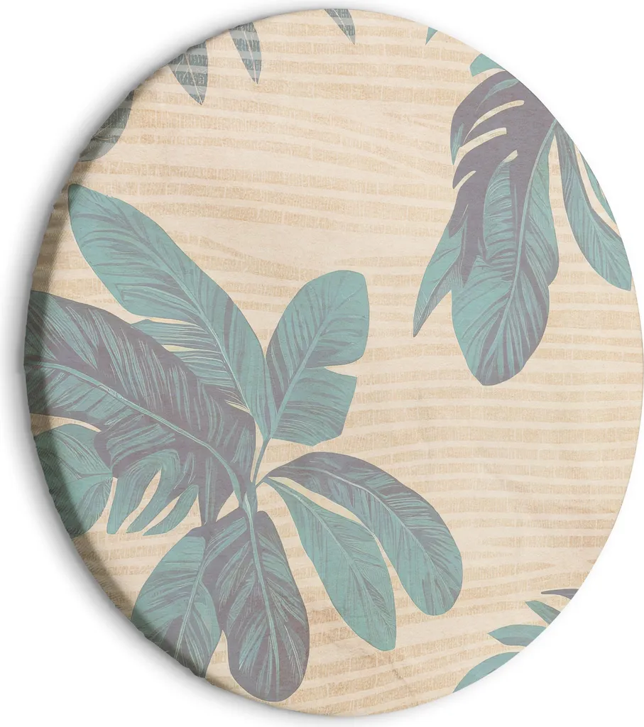 Italienischer Leinwand Rundes Bild - Palme dietro la nebbia - Vistose foglie di palma in una tenue tonalità di verde su uno sfondo di sabbia leggermente ondulato/Tropici nebbiosi 60x60 cm Blätter b-C-10388-bc-a