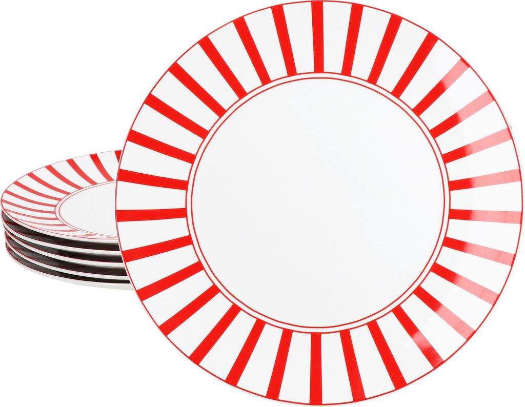 A stack of plates with a red and white striped pattern, with one plate in the foreground showing the pattern clearly.