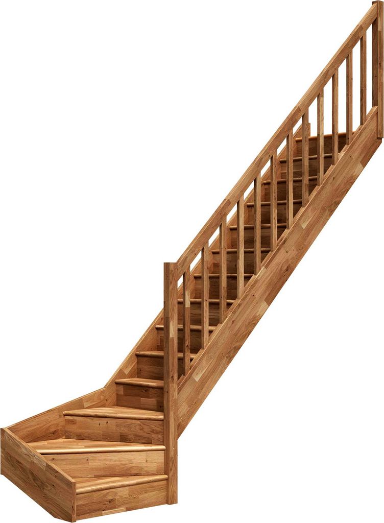 Dolle Raumspartreppe Paris mit Setzstufen Eiche versiegelt Treppenlauf 1/4 gewendelt unten rechts Rechteckstäbe