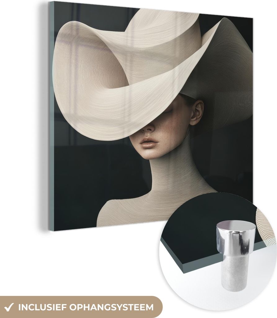 MuchoWow Glasbilder - Bilder auf Wandbild - Foto auf Glas Frau - gewellt - Hut 40x40 cm Wanddekoration aus Glas - Acrylglasbild - Acrylbilder