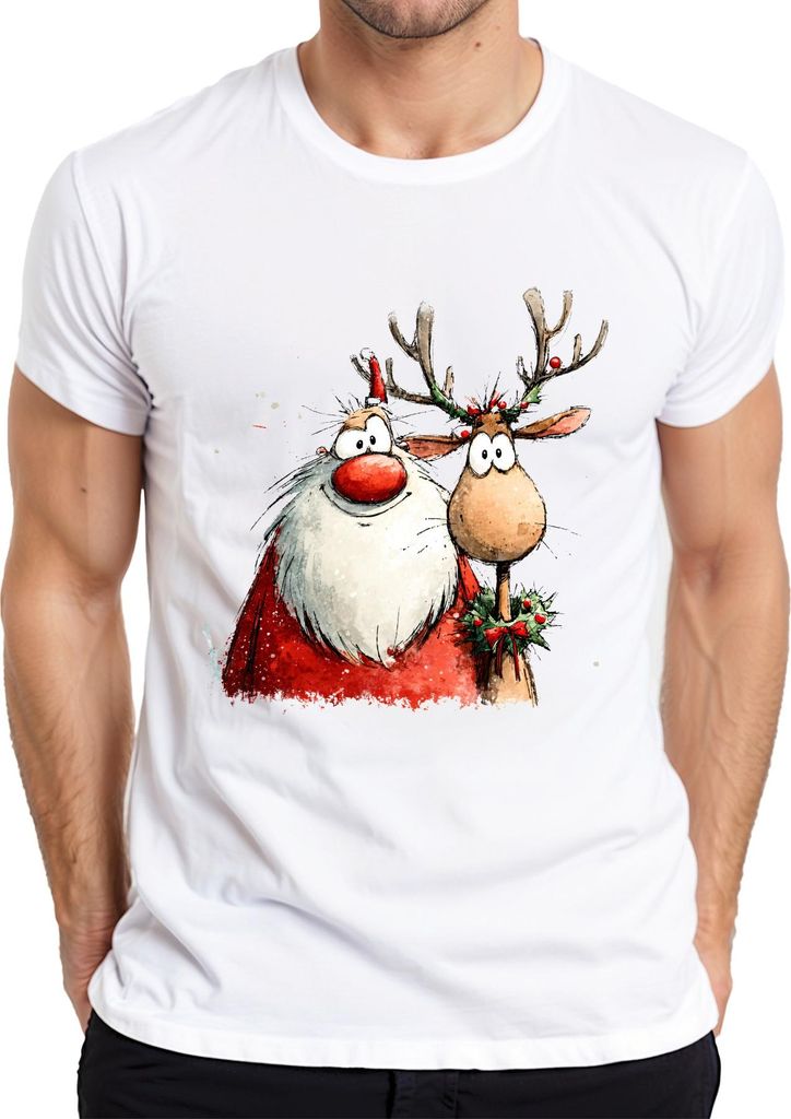 Weihnachtsmann Rentier Cartoon Aquarell lustig Geschenk Retro Herren T-Shirt, Weiß, M