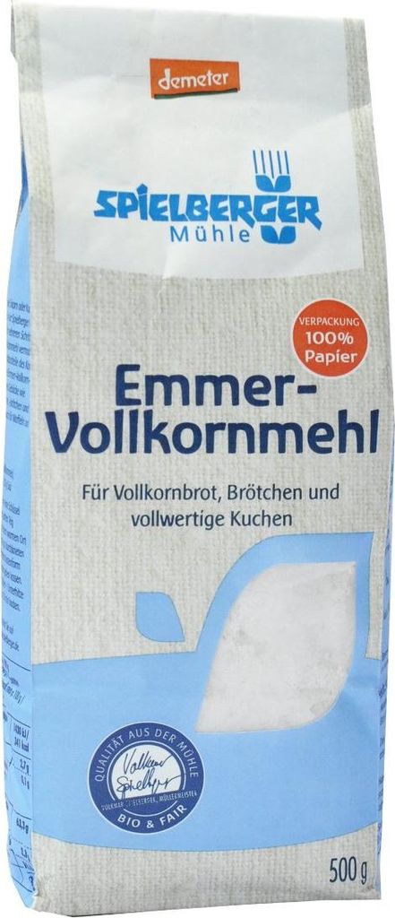 A bag of Spielberger Emmer-Vollkornmehl.