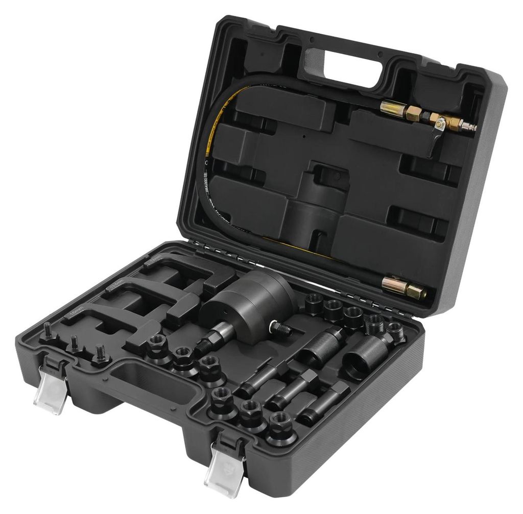 Diesel-Injektor Auszieher - Pneumatisches 24-tlg. Set - Kohlenstoffstahl - 5–8 bar - Gleithammer - Koffer 37×11×27 cm - Schwarz