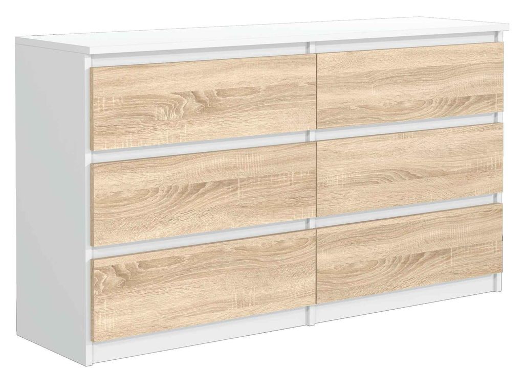 Masseno Kommode NUDO 120 cm Sideboard mit 6 Schubladen und Türen für Wohnzimmer Schlafzimmer Modern 120x39x78,5 cm Weiß / Sonoma Eiche