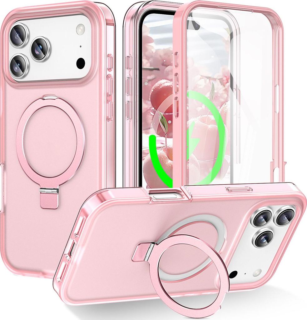 Für Apple iPhone 17 Pro Max Frosted Skin Feel MagSafe Ring Halterung 360-Grad Hülle Rosa
