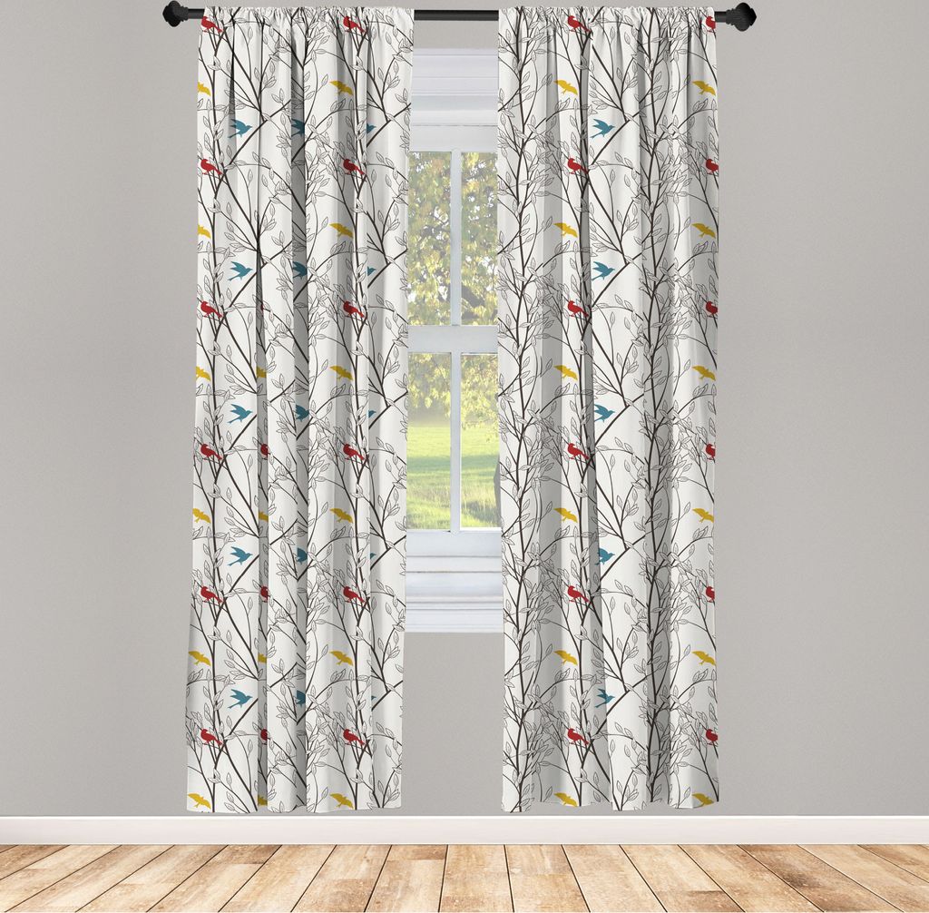ABAKUHAUS Natur Vorhänge, Gardinen, Fliegende Vögel Wild Leben Karikatur Äste Blätter Baum Idyllische Motiven Illustration, 2 Stück 75 x 245 c...