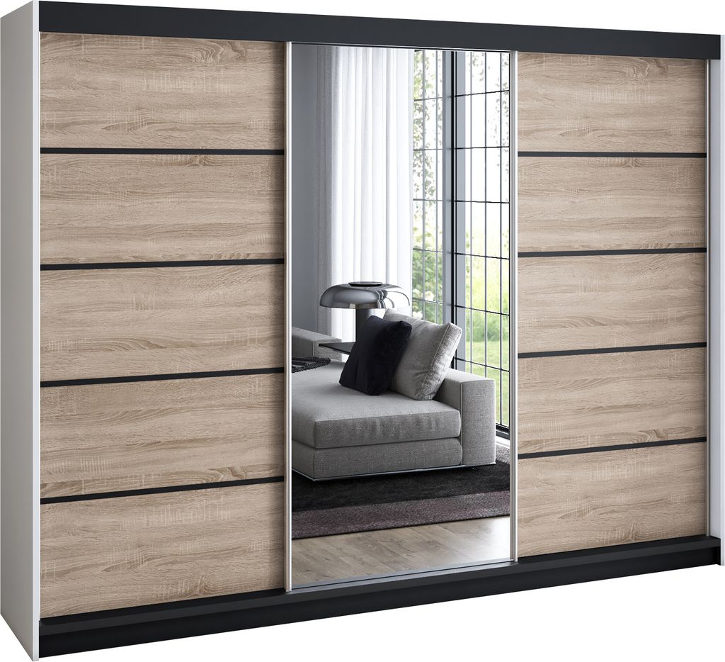Schwebetürenschrank 200 cm, 3-türig, mit Spiegel & 4 Schubladen, Retro-Stil, modern, in Weiß/Schwarz/Sonoma – Kleiderschrank Velturo 1