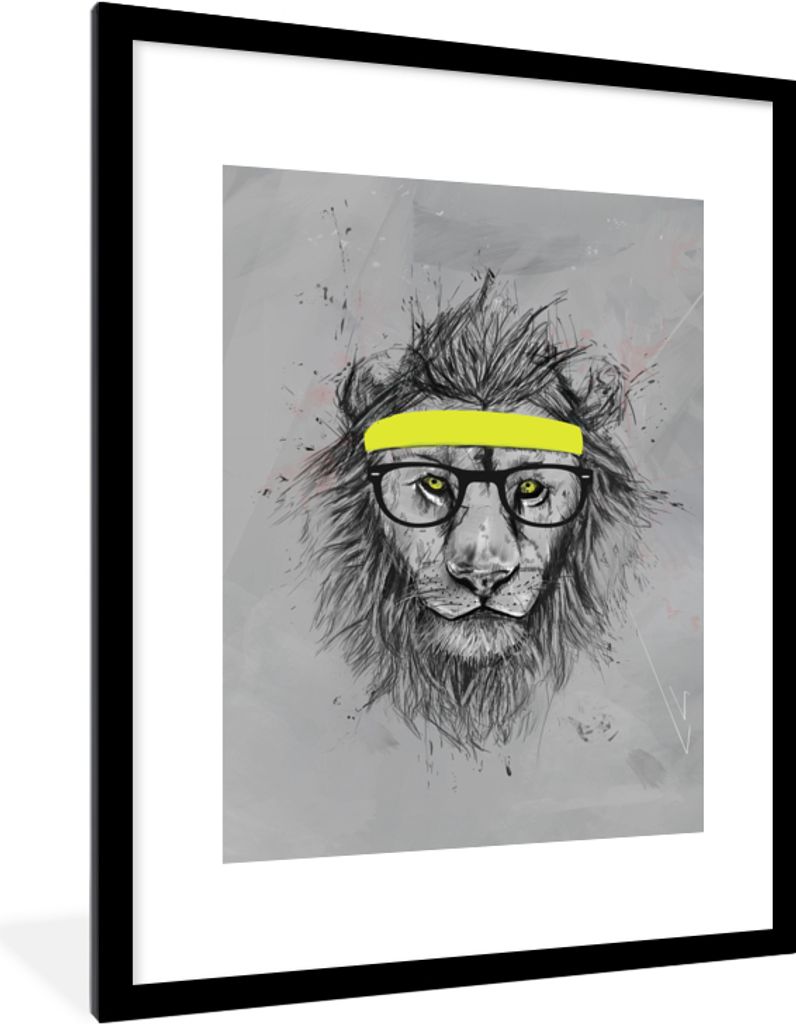 MuchoWow Gerahmtes Poster Löwe - Brille - Gelb - Tiere 60x80 cm - Poster mit Schwarzem Bilderrahmen Wandposter Rahmen Foto Bilder - Wohnzimmer -...