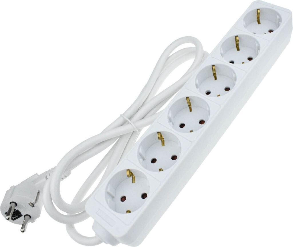 A white power strip with six outlets and a white power cord with a European plug, isolated on a white background.