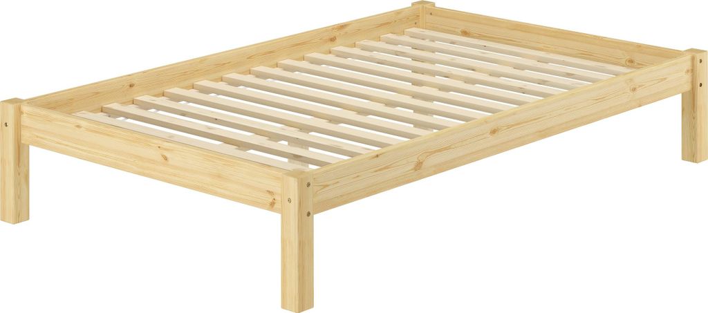 A wooden bed frame with a slatted base, shown from a diagonal angle against a white background.