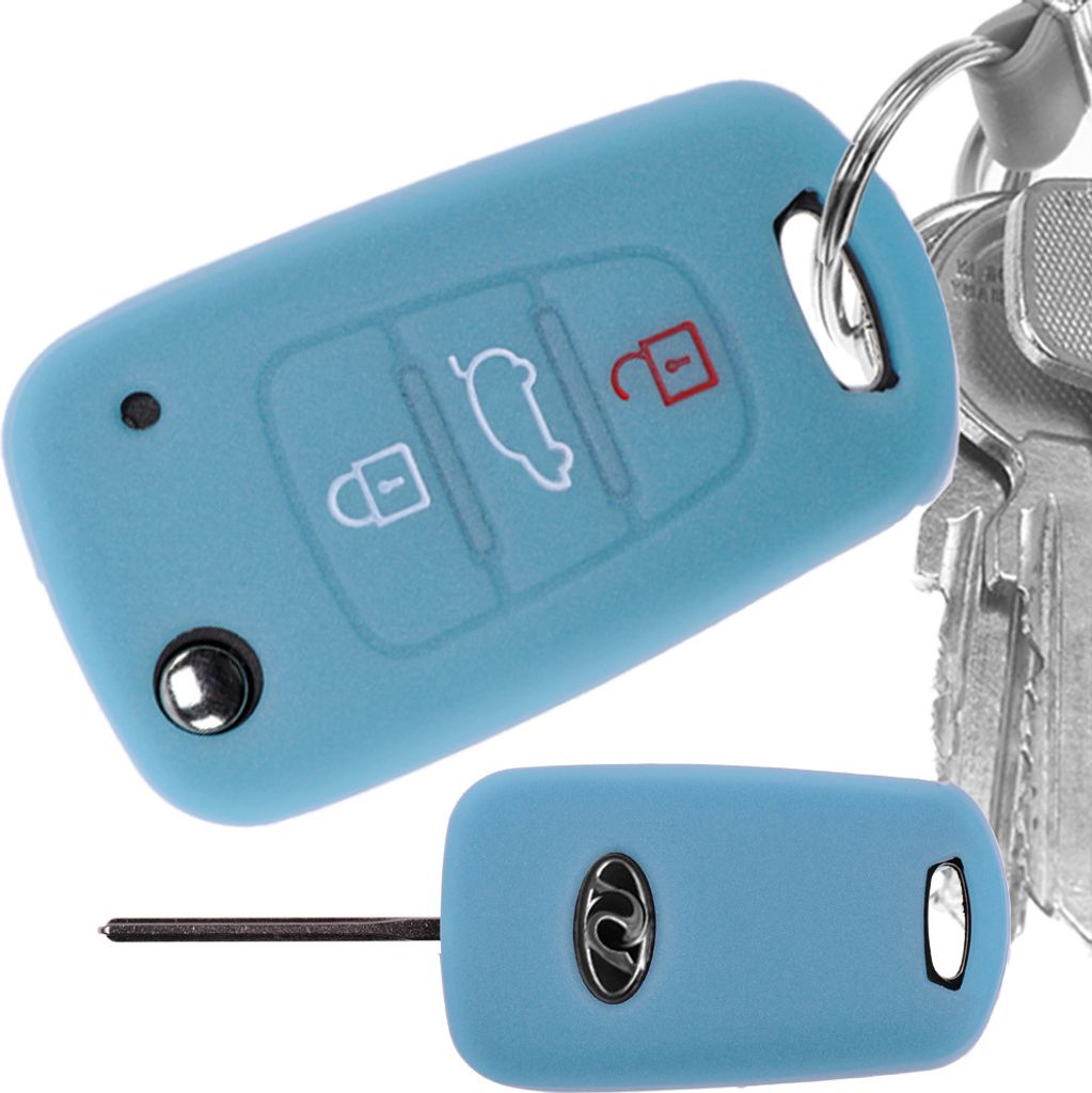 Auto Schlüssel Hülle Silikon Schutz Cover Fluoreszierend Blau kompatibel mit Hyundai i30 ix20 ix35 KIA Soul Sportage 3 Tasten Klappschlüssel