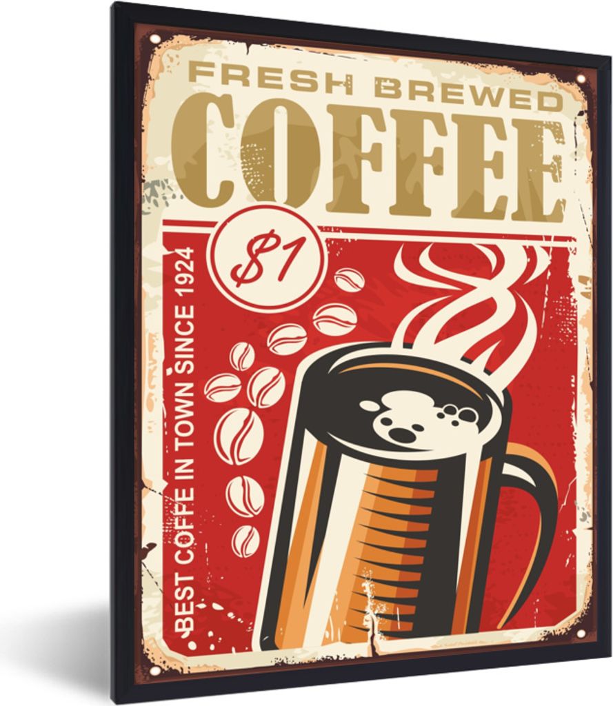 MuchoWow MuchoWow Gerahmtes Poster Kaffee - Vintage - Teller - Kaffee 60x80 cm - Poster mit zchwarzem Bilderrahmen - Premium - Wanddeko Wohnzimmer