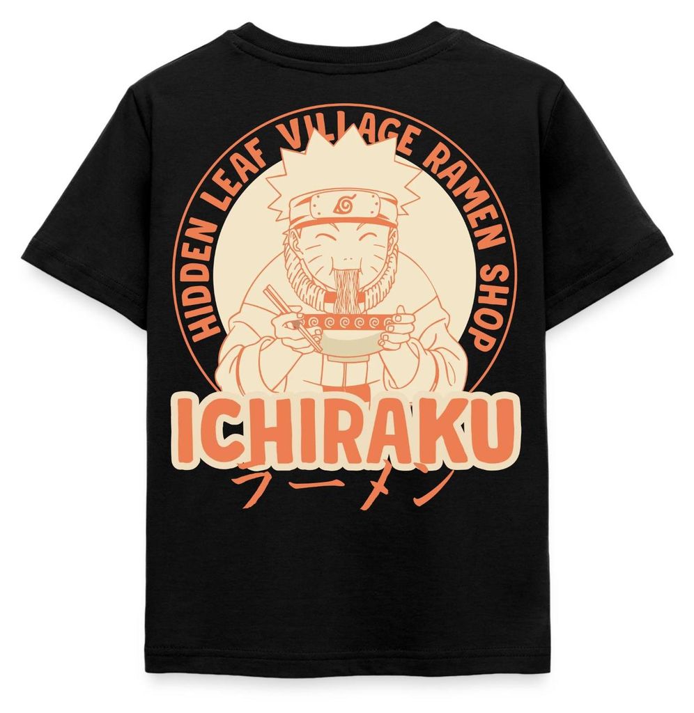 Spreadshirt Naruto Ichiraku Hidden Leaf Village Ramen Logo Kinder T-Shirt, 110/116 (5-6 Jahre), Schwarz