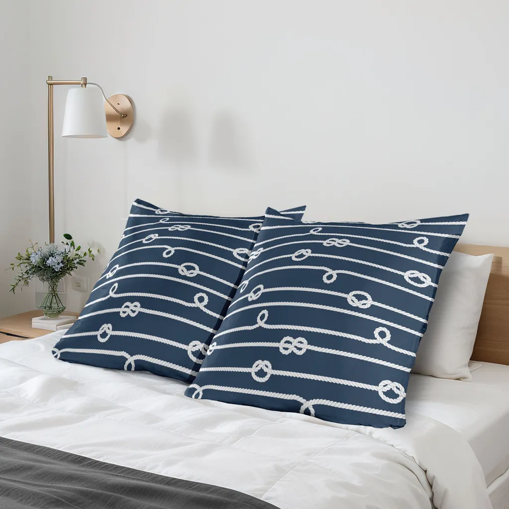 ABAKUHAUS Blu navy Federa per cuscino Confezione da 2, Nodi marinari orizzontali Corde Nodo bolina Tema marinaro Vela Retro, Federa per cuscino decorativa stampata, 80x80 cm, Blu e bianco