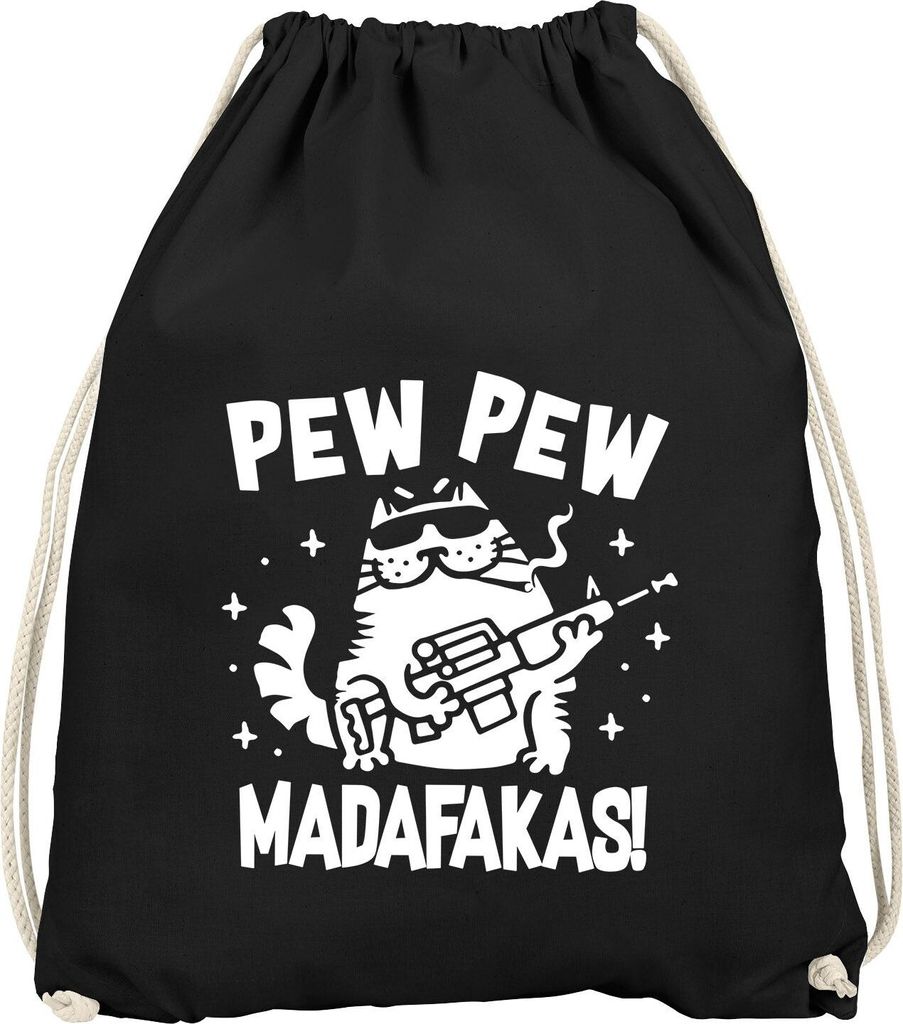 Turnbeutel Pew Pew Madafakas Katze Gangster Cat Meme Spruch Trend Gymsac Gymbag Rucksack Moonworks schwarz unisize