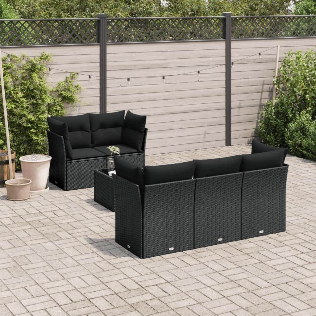CLORIS 6-tlg. Garten-Sofagarnitur - mit Kissen - Schwarz Poly Rattan - Gartenmöbelgarnituren LL0000257369