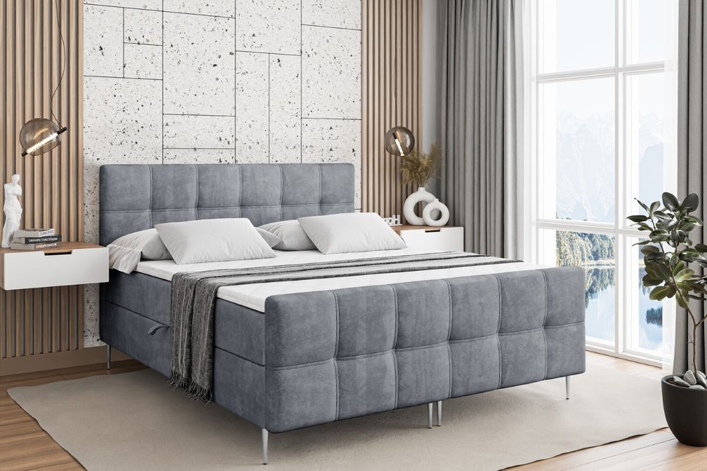 ALTDECOR Boxspringbett mit Silber Füßen, Matratze und Lattenrost, Topper, Fußteil, Polsterbett mit Bettkasten, Bett mit Stauraum H4-Matratze, Do...