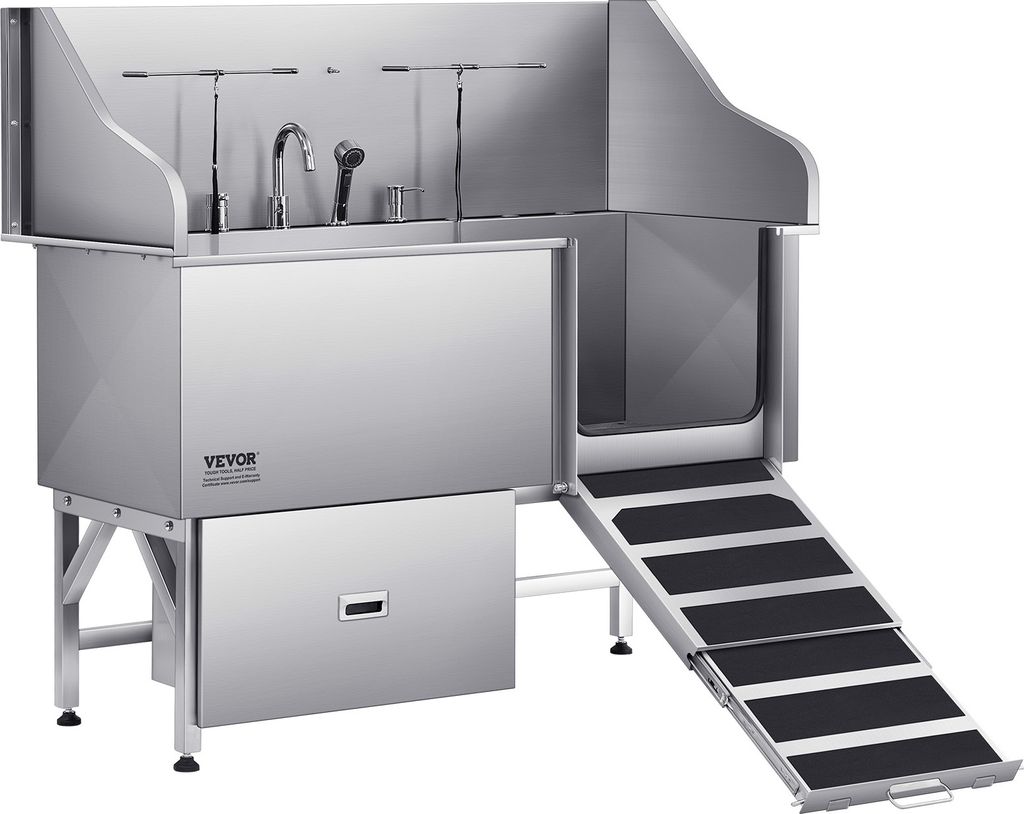 VEVOR Hundewaschstation aus Edelstahl, 1550x790x1470 mm Hundepflegewanne mit Rampe, Wasserfilterplatte, Wasserhahn, Duschkopf, Leine, für große, ...