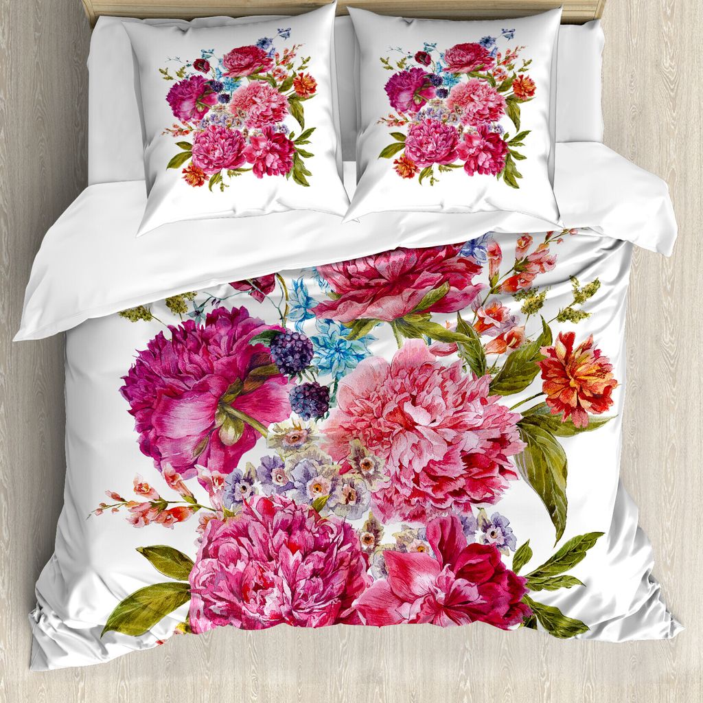 ABAKUHAUS Shabby Chic Bettbezugs Set Für Doppelbetten, Sanfte Sommerflora, Milbensicher Allergiker geeignet mit Kissenbezügen, Mehrfarbig