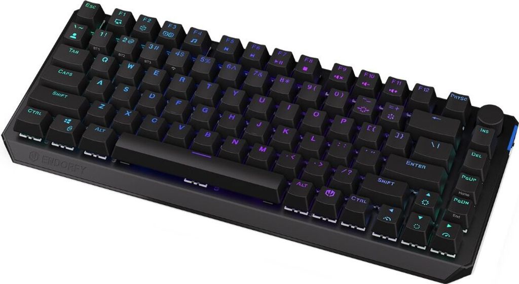 A black mechanical keyboard with RGB backlighting is shown from a slightly elevated diagonal angle against a white background.