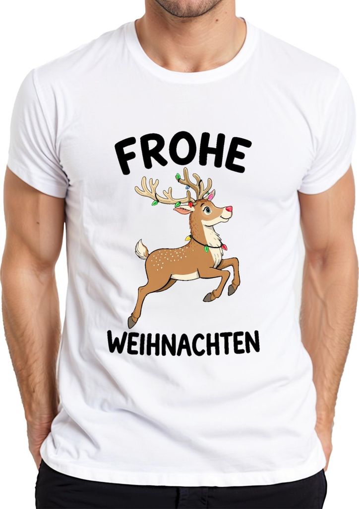 FROHE WEIHNACHTEN Rentier Lichterkette Niedlich Kinder Geschenk Herren T-Shirt, Weiß, M