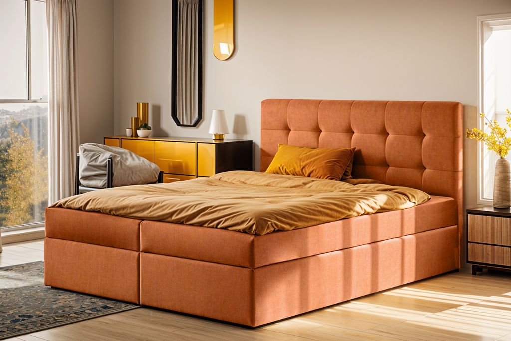 Kaiser Möbel Boxspringbett mit matratze und bettkasten, Schlafbett LUDANO stoff Noel Orange 200x200 cm H2-Pocket