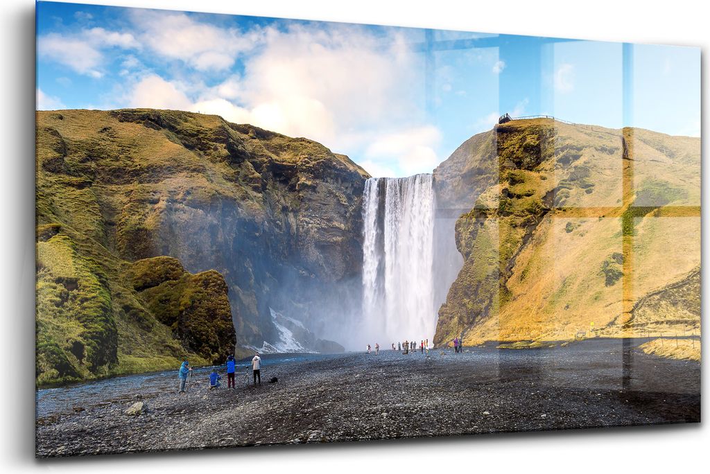 120x60 - Wandmalerei auf Glas- Wanddekoration aus Glas - Skogafoss-Wasserfall, Island