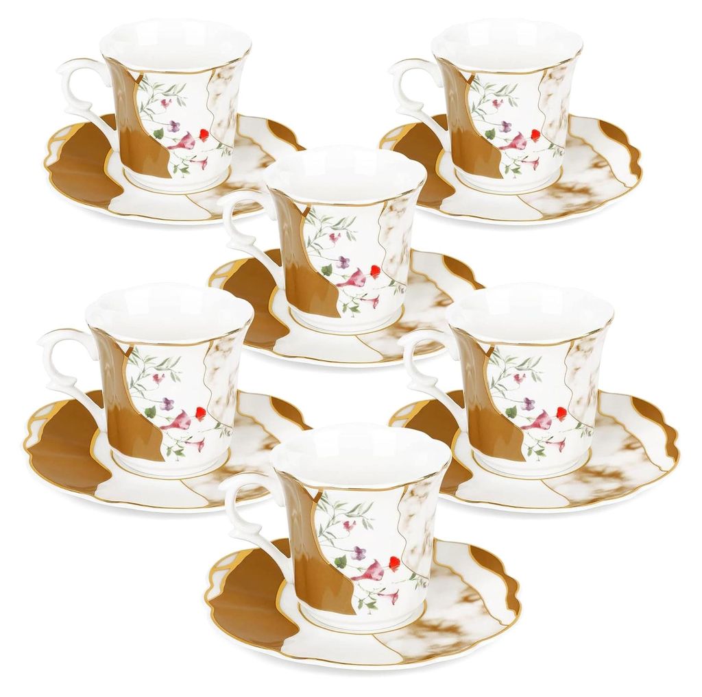 80 ml Espressotasse und Unterteller, 12 Stück Keramik Espressotassen Set, Braunes Marmormuster für die Kaffeebar zu Hause