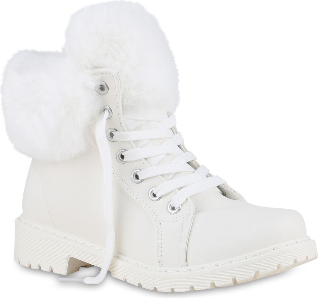 VAN HILL Damen Warm Gefütterte Worker Boots Stiefeletten Kunstfell Schuhe 840850, Farbe: Weiß, Größe: 40