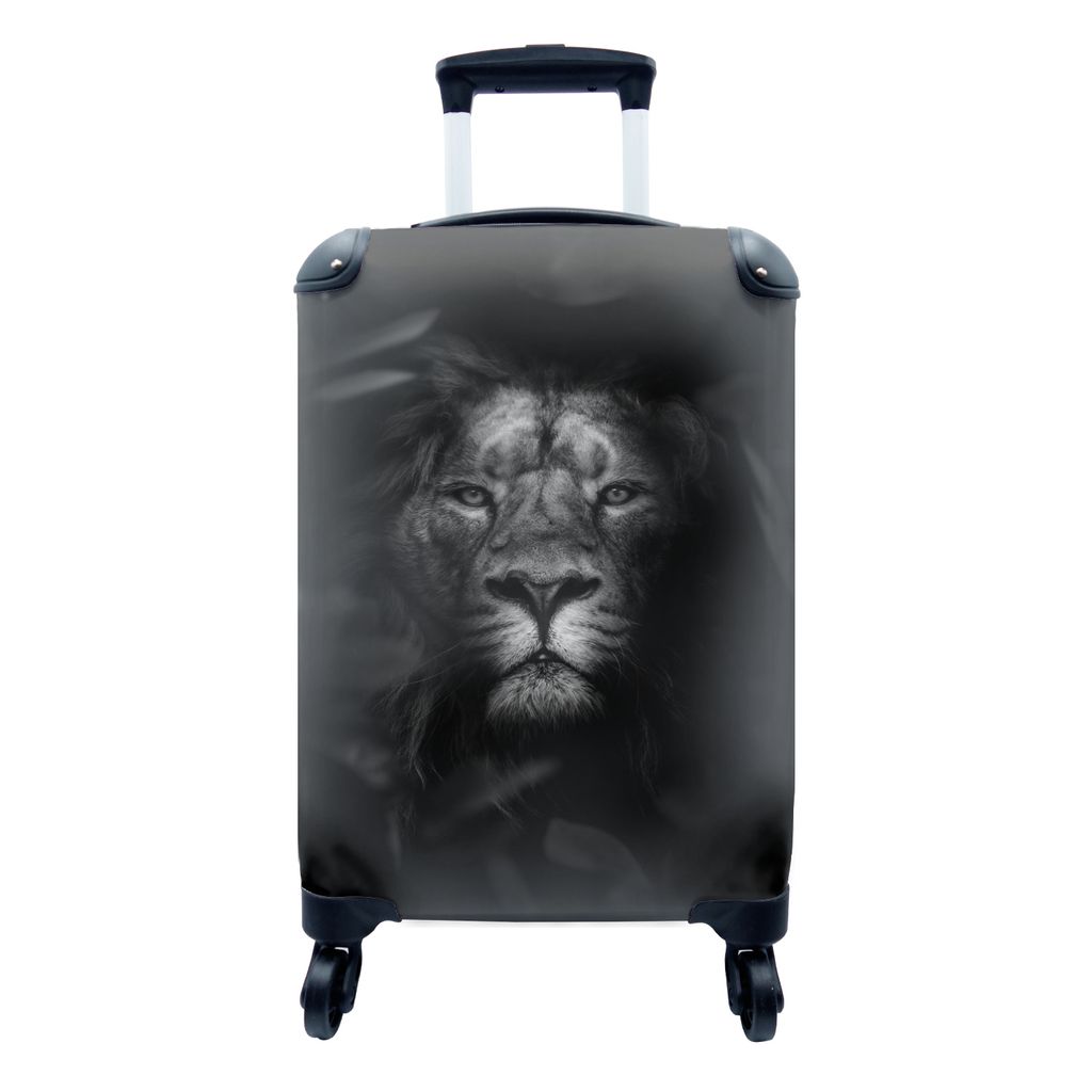 MuchoWow Koffer Handgepäck Trolley Rollkoffer Kleine Reisekoffer mit 4 Rollen - Porträt eines Löwen mit Blättern im Dschungel - schwarz und w...