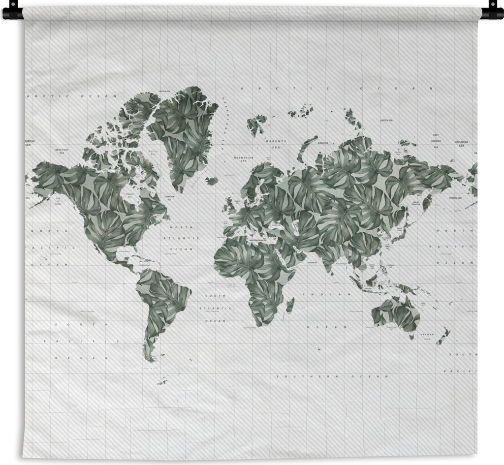 MuchoWow Wandteppich Wandbehang Weltkarte - Grün - Blätter 150x150 cm Tapisserie Dekoration Wandtuch - Wohnaccessoires - Modernes