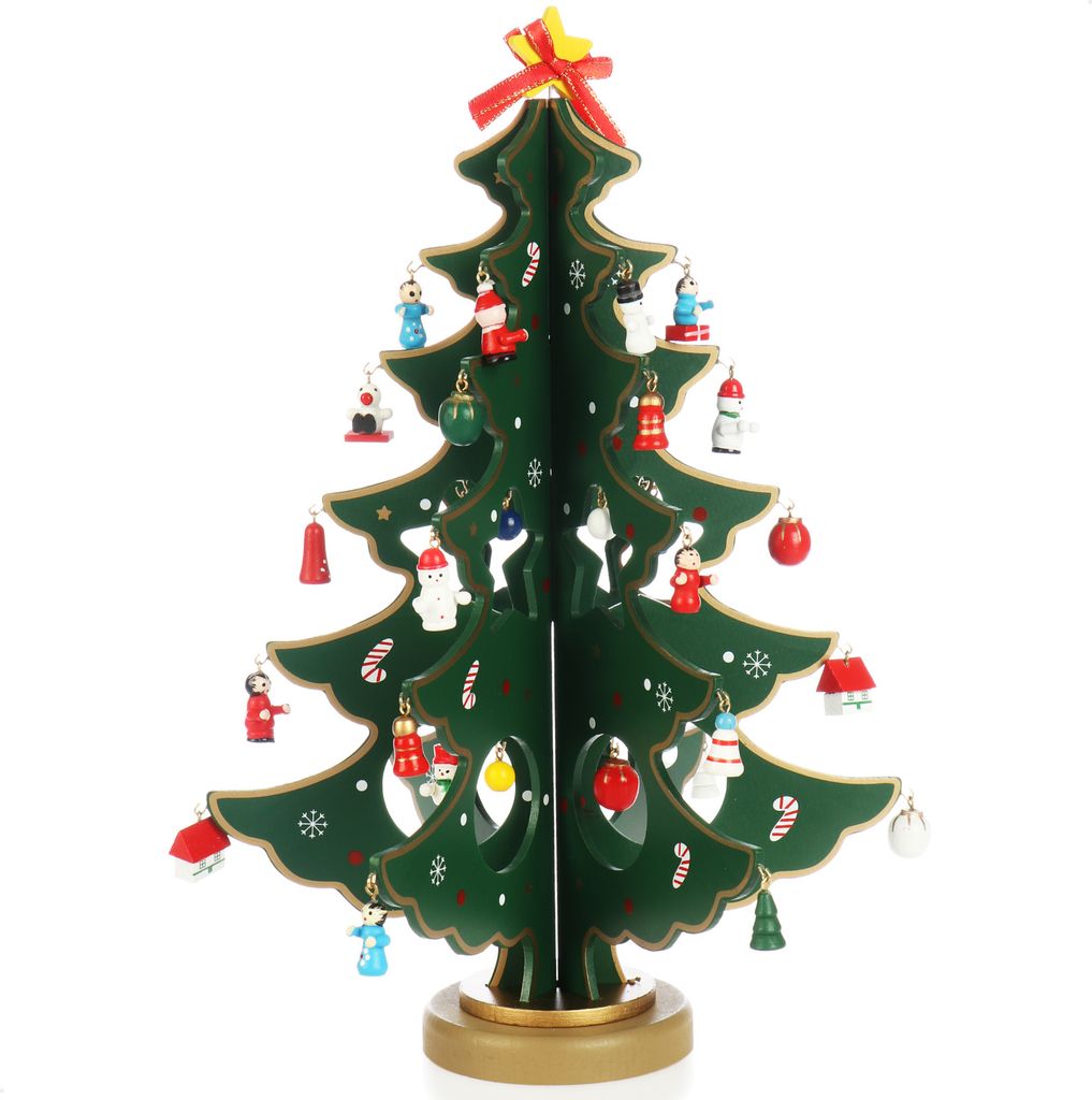 com-four Mini-Weihnachtsbaum aus Holz - Zierschmuck - Aufsteller mit vielen Ornamenten zum Aufhängen - künstlicher Tannenbaum für den Schreibt...
