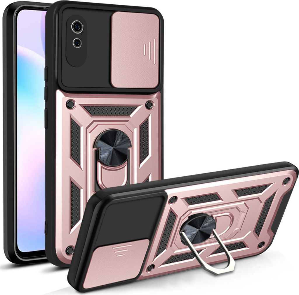 Redmi 9A Hülle mit 360° Drehbarer Magnetische Ring Ständer Halter Dia Kameraschutz TPU Bumper Silikon Schutzhülle für Xiaomi Redmi 9A Rosa