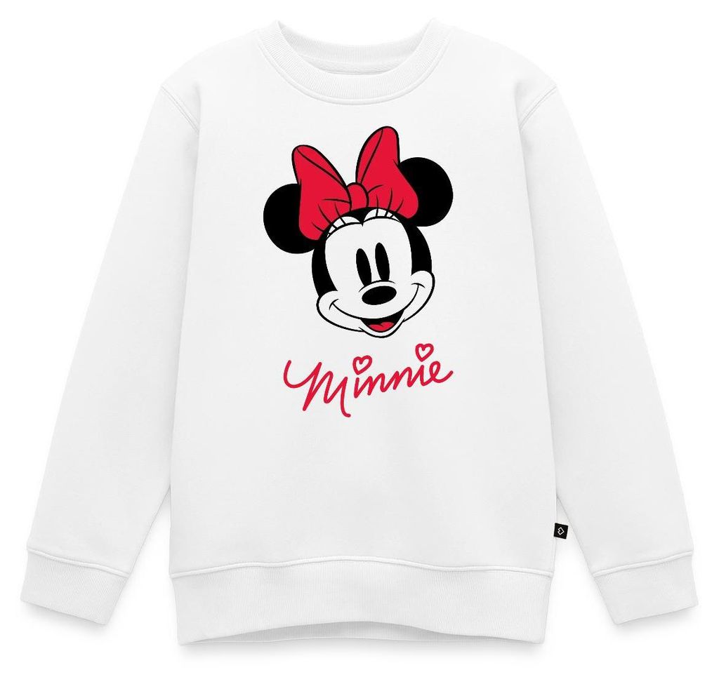 Mickey & Minnie Schriftzug Mit Minnie Motiv Kinder/Teenager Premium Pullover, 110/116 (4 Jahre), Weiß