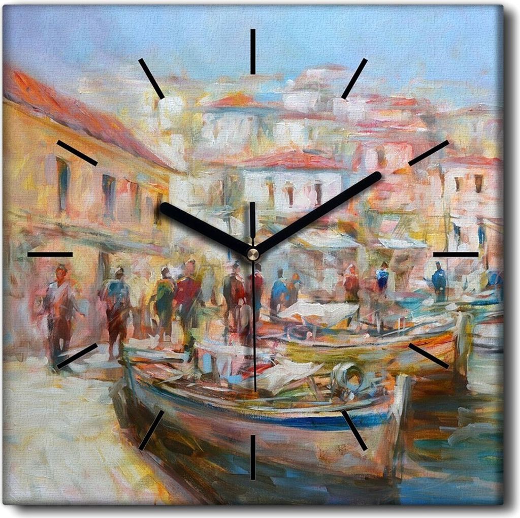 Coloray Uhr auf Leinwand 30x30 cm Wand Uhr Dekoration Wohnzimmer Segeltuch schwarze Hände -Ships Island Port.