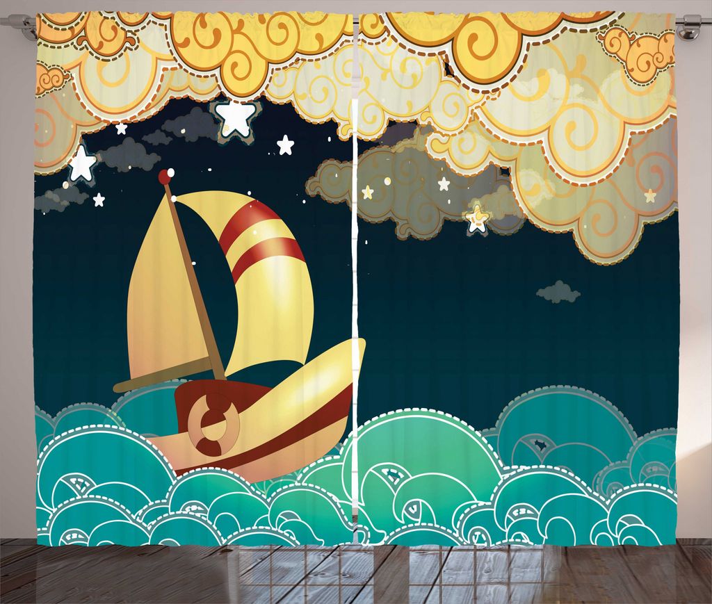 ABAKUHAUS Schiff Rustikaler Gardine, Fantasy Night Sea Waves, Schlafzimmer Kräuselband Vorhang mit Schlaufen und Haken, 280 x 175 cm, Mehrfarbig