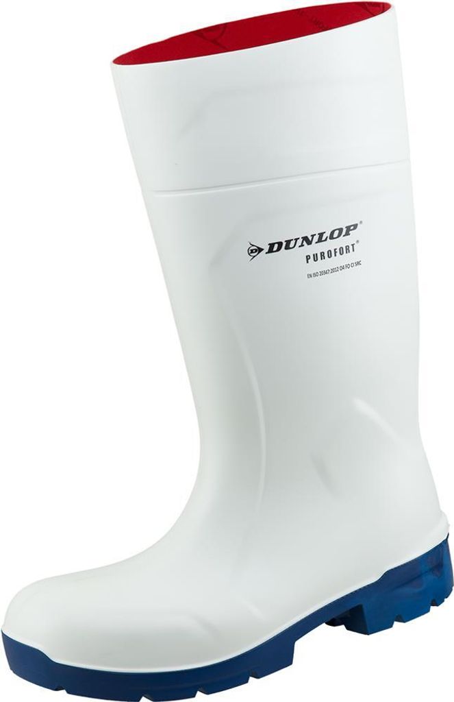 A white Dunlop Purofort boot with a red interior and a blue sole, shown against a white background.