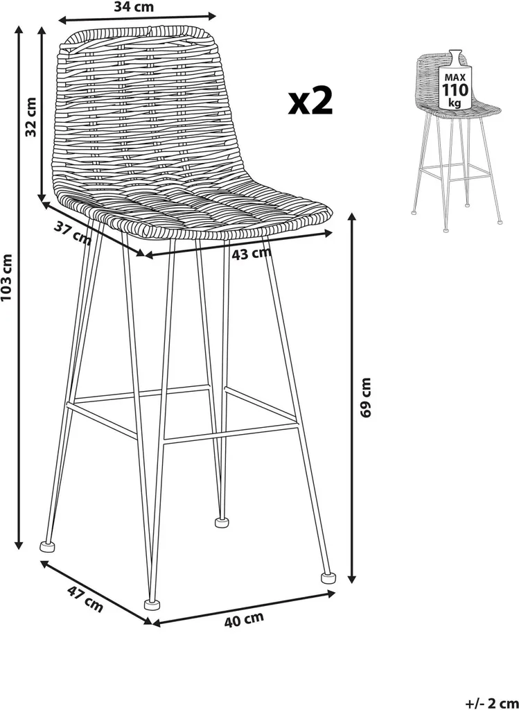 Tabourets de Bar Design Rotin Beige et Structure Métal Noir Rustique - 3