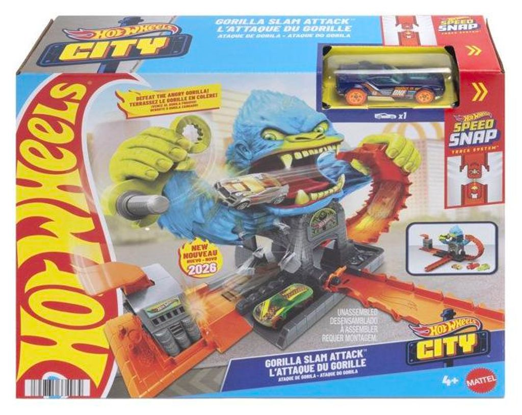 Hot Wheels City Gorilla Angriff Spielset , 3 Spielmöglichkeiten , Kampf gegen Gorilla