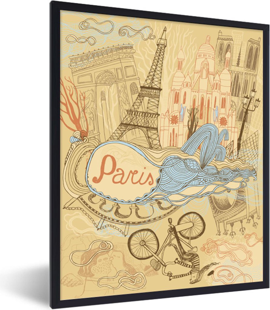 MuchoWow Gerahmtes Poster Paris - Frankreich - Zeichnung 30x40 cm - Poster mit Schwarzem Bilderrahmen Wandposter Rahmen Foto Bilder - Wanddeko - ...