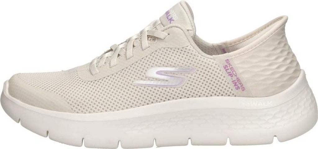 A side view of a single beige sneaker on a white background.