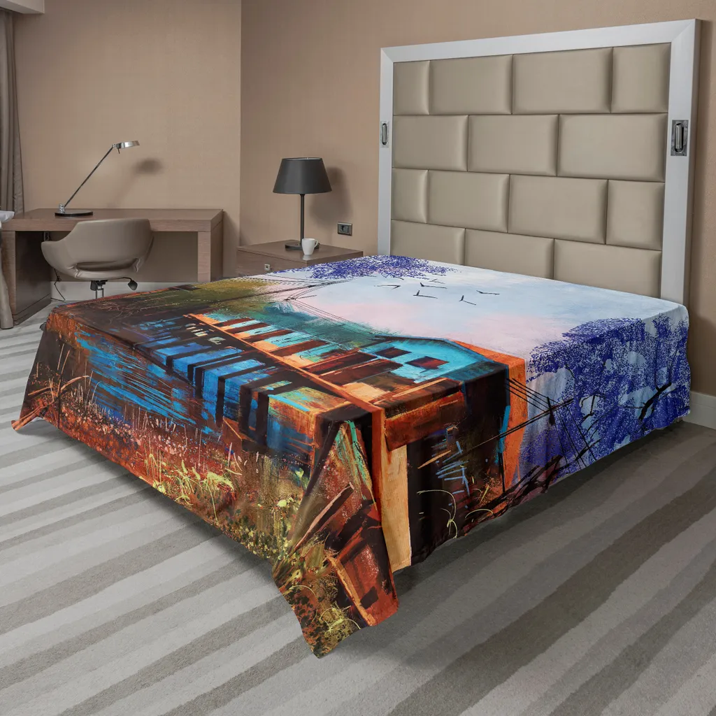 Drap de lit imprimé village pour masquer l'usure et décorer la chambre