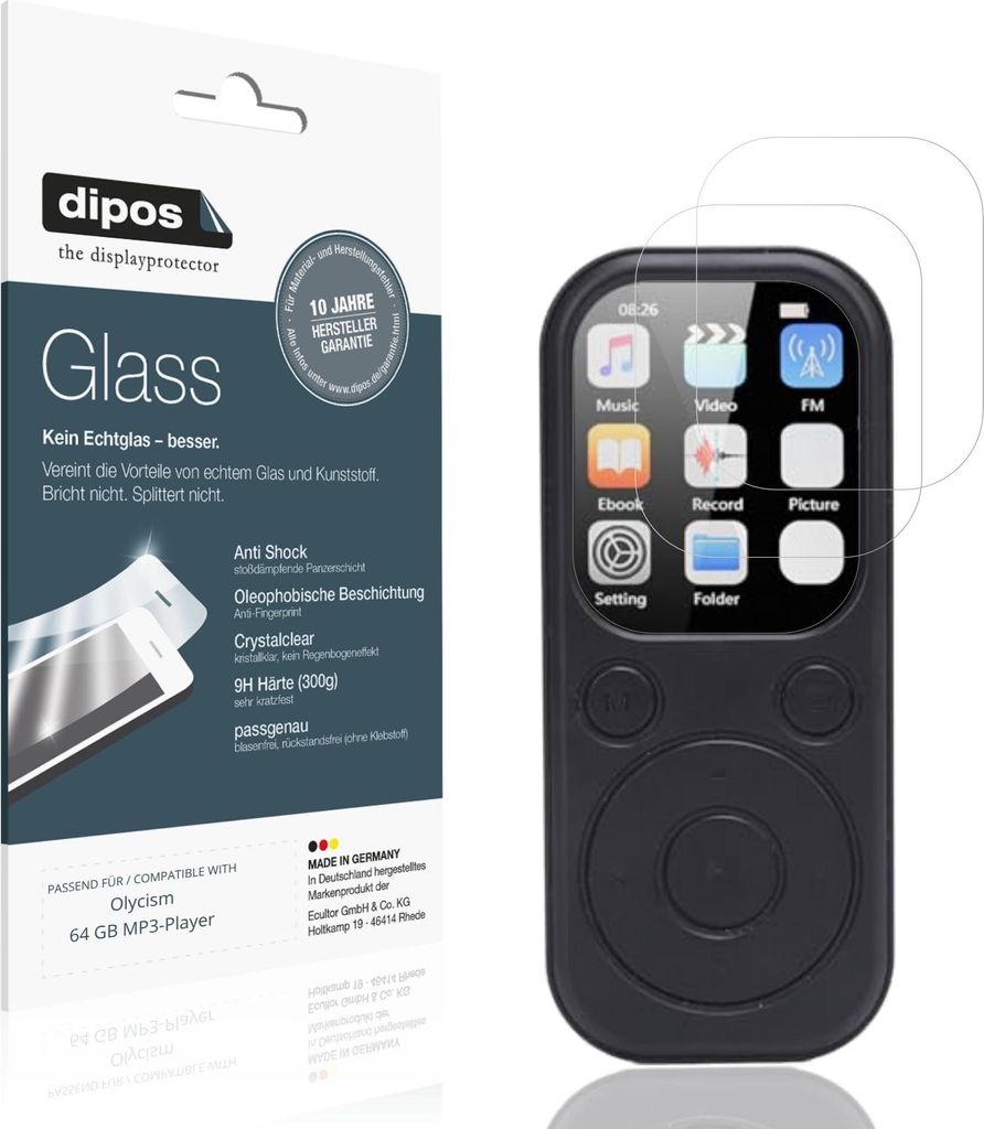 2x Schutzfolie für Olycism 64 GB MP3-Player - Anti-Shock 9H Folie dipos Glass Kunststoffglas